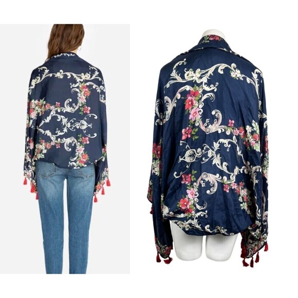 Johnny Was Size M Silk Tassel Wide Flared Sleeve Floral Mococo Boho Shrug Poncho - Picture 15 of 17